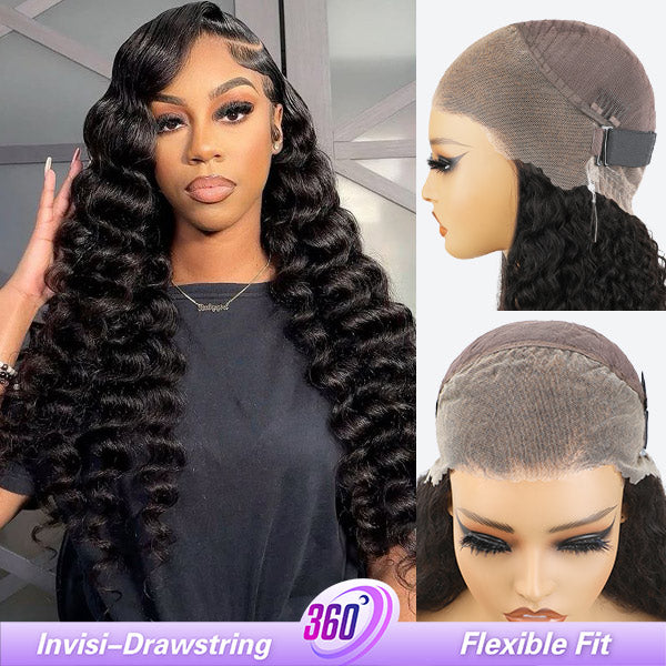 Loose Deep Invisi-Drawstring 360 Lace Glueless Wig Bleached Knots Human Hair Wig