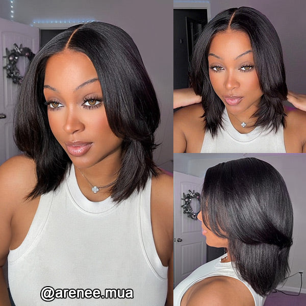 Glueless Layered Cut Yaki Straight Wear Go Wig Pre-Cut 9x6 T Part Lace Bob Wig With Elastic Drawstring