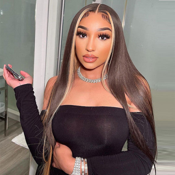 Honey Blonde and Brown Streaks Highlight Wigs Straight 13x4 Lace Front Wig Preplucked with Baby Hair