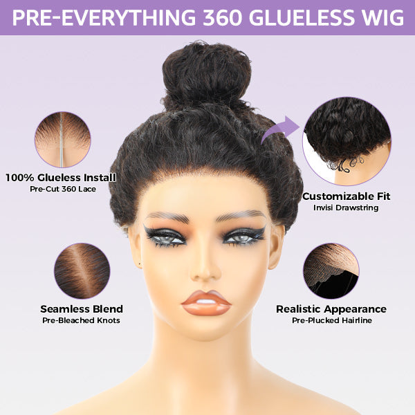 Water Wave Invisi-Drawstring Flexible Fit 360 Lace Frontal Glueless Wig With Bleached Knots