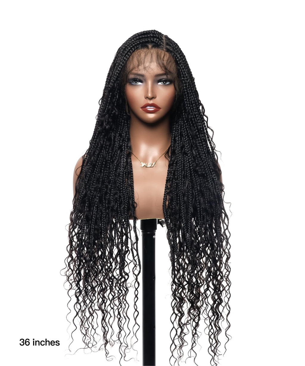Small & Large Head Size Exclusive - Triangle Base HD Full Lace Human Hair Boho Curls Knotless Boho Box Braided Wig 36"