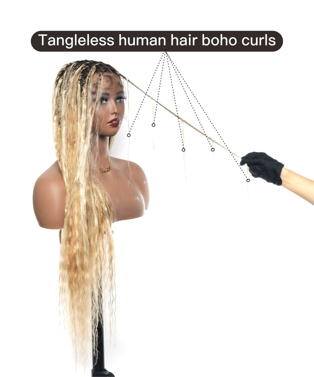 Human Hair Super Boho Color #27/613 Pre Bleached Human Hair Lace Knotless Boho Box Braided Wig Full-dense 100 Strands