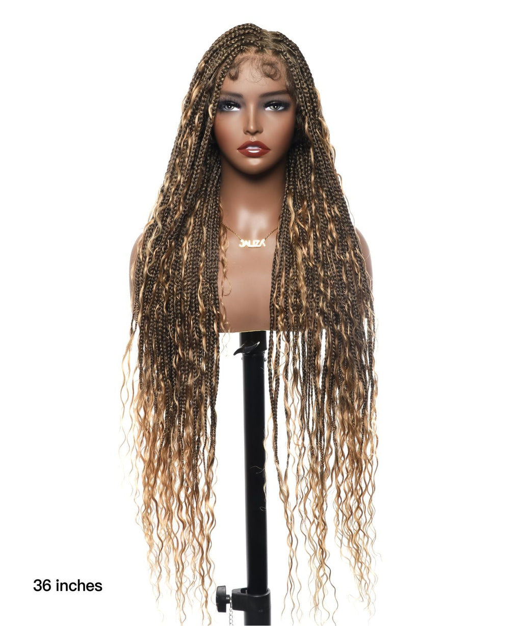 HD Full Lace Human Hair Boho Curls 36" Knotless Boho Box Braided Wig