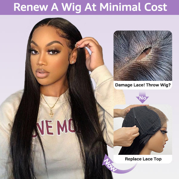 Block Wig Straight Hair Bleached Knots Wig With Optional Replaceable Zip Lace Tops