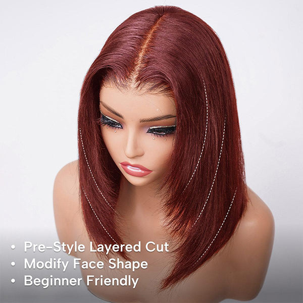 Layered Yaki Straight Reddish Brown Color Drawstring Cap Wear Go Glueless Wig Natural Salon Finish
