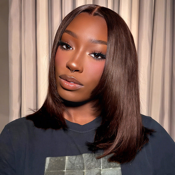 Chocolate Brown Color Glueless Layered Cut Yaki Straight Pre-Cut 7x5 Wear Go Wig With Drawstring Cap