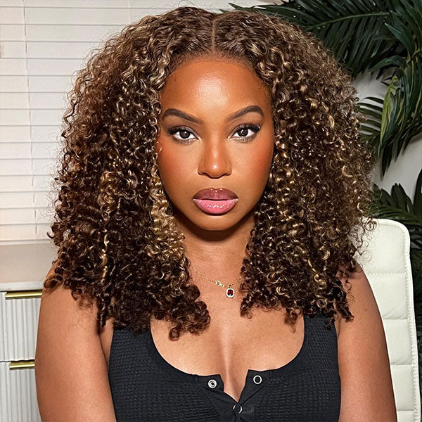 4/27 Highlight Color Wear Go Glueless Wigs Pre Cut 7x5 Lace Kinky Curly Hair Short Bob Wigs