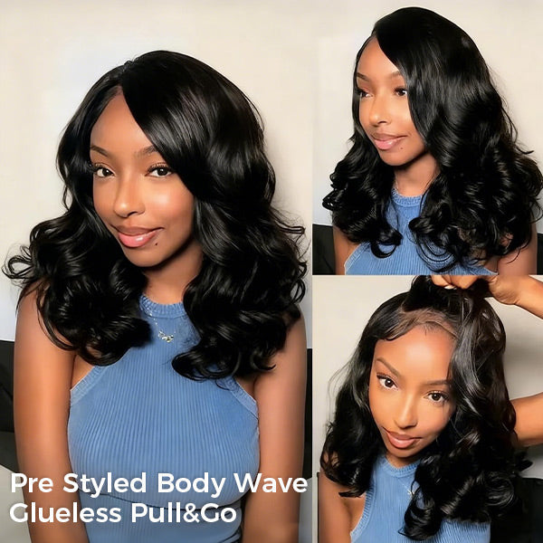 Pre Styled C Part Layered Yaki Body Wave Snug Fit Drawstring Wear Go Glueless Wig Pre-Cut 9x6 Lace Bleached Knots