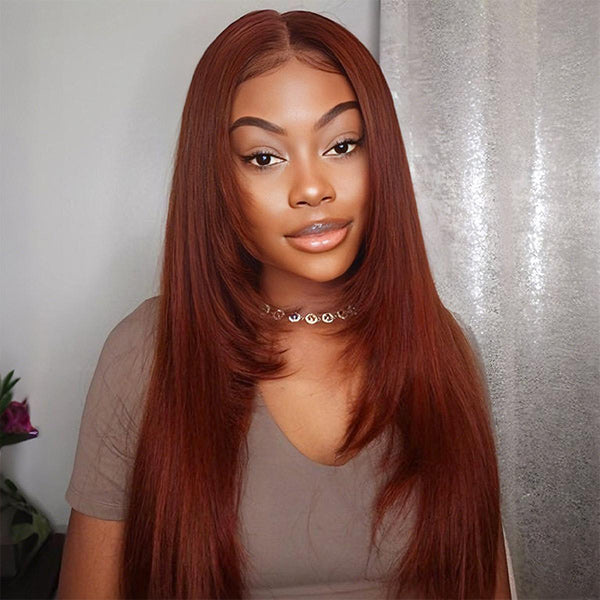 Reddish Brown Color Layered Cut Silk Straight Glueless Wig Pre Cut 7x5 Lace Wear Go Wig