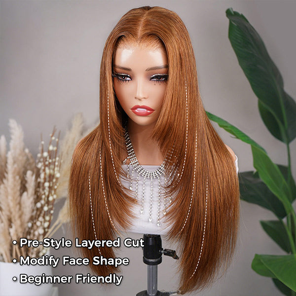 Chestnut Brown Layered Cut Straight Glueless Wear Go Wig Pre-Cut 7x5 Lace Snug Fit Drawstring Wig