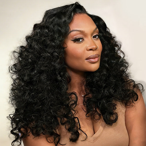 Glueless Bouncy Curls C Part Layered Curly Wig Pre-Cut 9x6 Lace Bleached Knots Flexible Fit Drawstring Wear Go Wig