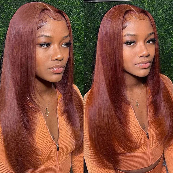 Reddish Brown Color Layered Cut Silk Straight Glueless Wig Pre Cut 7x5 Lace Wear Go Wig