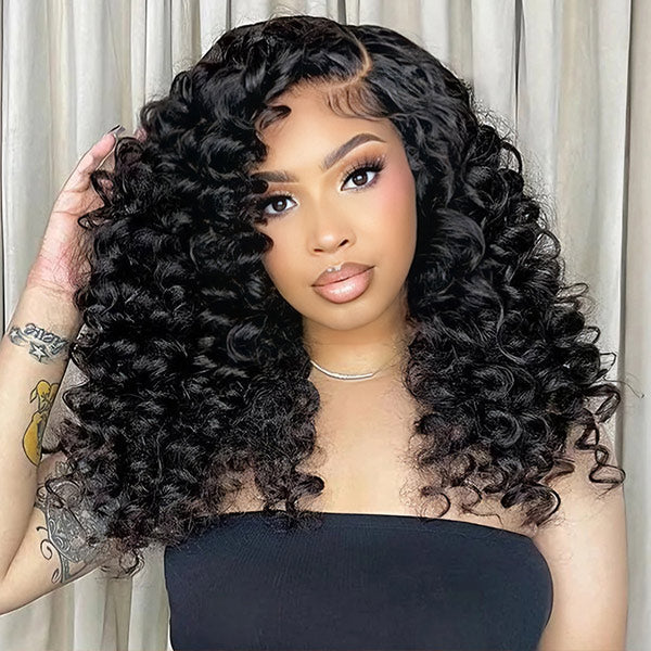 Glueless Bouncy Curls C Part Layered Curly Wig Pre-Cut 9x6 Lace Bleached Knots Flexible Fit Drawstring Wear Go Wig
