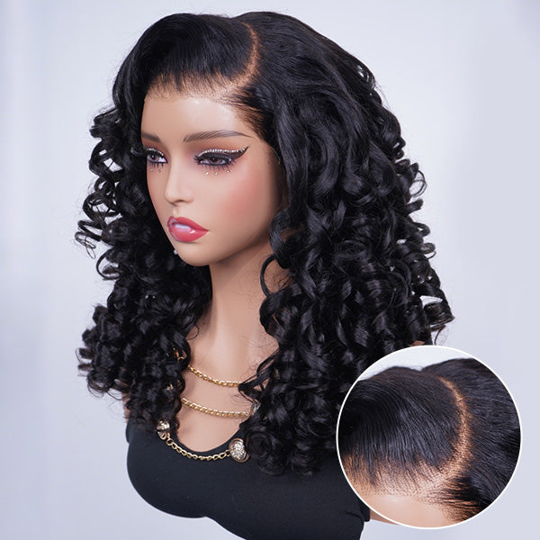 Glueless Bouncy Curls C Part Layered Curly Wig Pre-Cut 9x6 Lace Bleached Knots Flexible Fit Drawstring Wear Go Wig