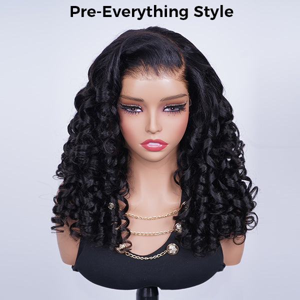 Glueless Bouncy Curls C Part Layered Curly Wig Pre-Cut 9x6 Lace Bleached Knots Flexible Fit Drawstring Wear Go Wig