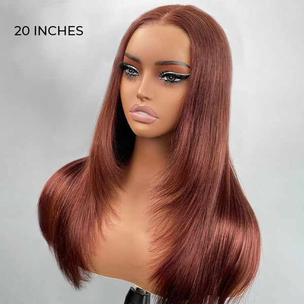 Reddish Brown Color Layered Cut Silk Straight Glueless Wig Pre Cut 7x5 Lace Wear Go Wig