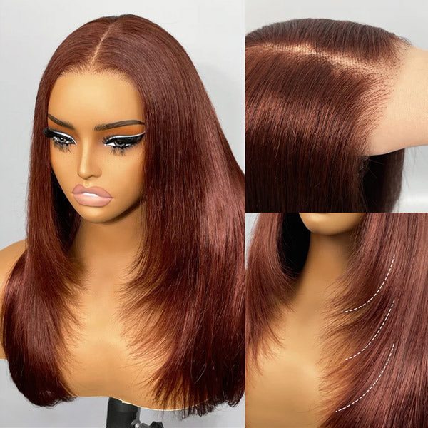 Reddish Brown Color Layered Cut Silk Straight Glueless Wig Pre Cut 7x5 Lace Wear Go Wig