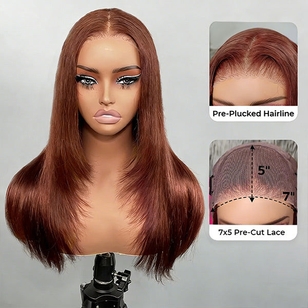 Reddish Brown Color Layered Cut Silk Straight Glueless Wig Pre Cut 7x5 Lace Wear Go Wig