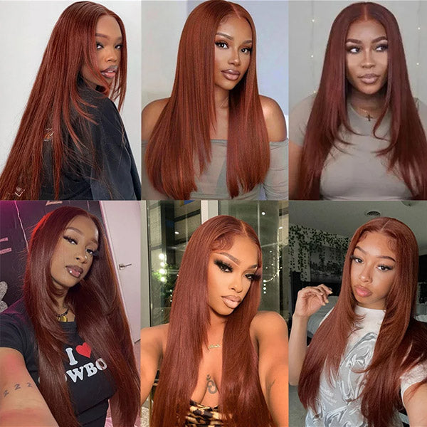 Reddish Brown Color Layered Cut Silk Straight Glueless Wig Pre Cut 7x5 Lace Wear Go Wig