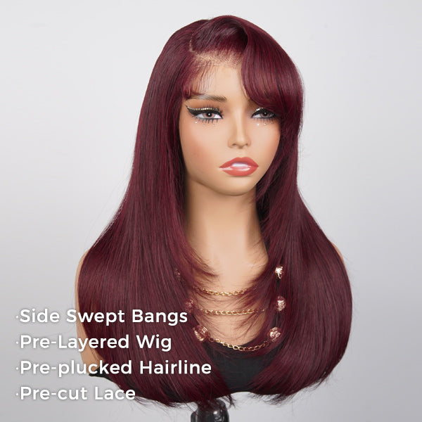 Burgundy 99J Color Layered Straight Wig Side Part Swept Bangs Pre-Cut 9x6 Lace Drawstring Wear Go Glueless Wig