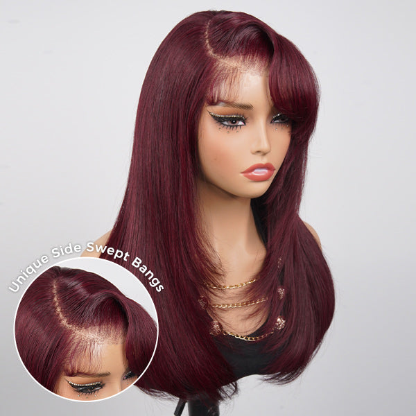 Burgundy 99J Color Layered Straight Wig Side Part Swept Bangs Pre-Cut 9x6 Lace Drawstring Wear Go Glueless Wig
