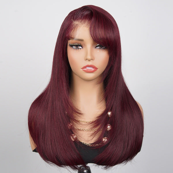 Burgundy 99J Color Layered Straight Wig Side Part Swept Bangs Pre-Cut 9x6 Lace Drawstring Wear Go Glueless Wig