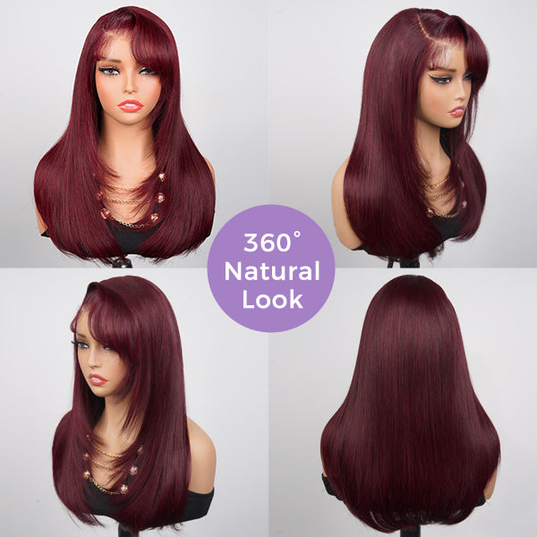 Burgundy 99J Color Layered Straight Wig Side Part Swept Bangs Pre-Cut 9x6 Lace Drawstring Wear Go Glueless Wig