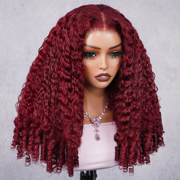 Burgundy 99J Color Burmese Curly Glueless Wig Pre Cut 9x6 Lace Snug Fit Drawstring Wear Go Wig