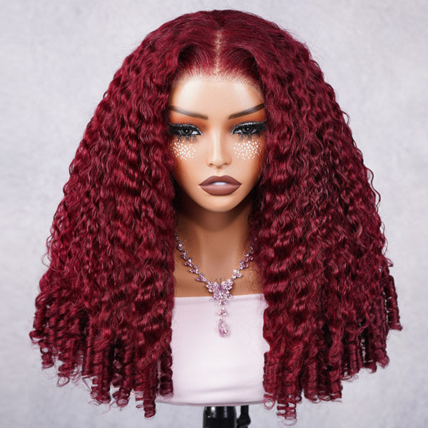 Burgundy 99J Color Burmese Curly Glueless Wig Pre Cut 9x6 Lace Snug Fit Drawstring Wear Go Wig