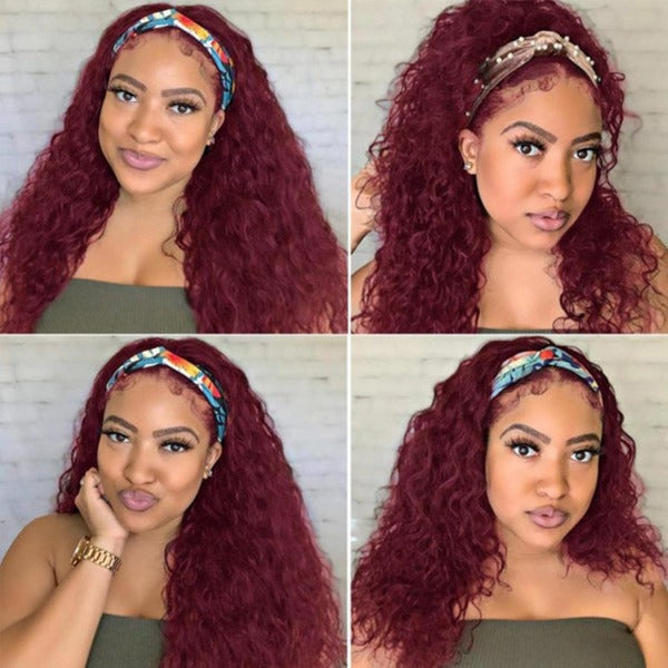 99J Curly Headband Wig Human Hair No Gel No Glue Water Wave Wig with Free Headband 180% Density