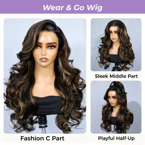 24h Ship Out | Butterfly Pre-Styled Balayage Brown Color Layered Body Wave Adjustable Drawstring Wear Go Glueless Wig With Bleached Knots