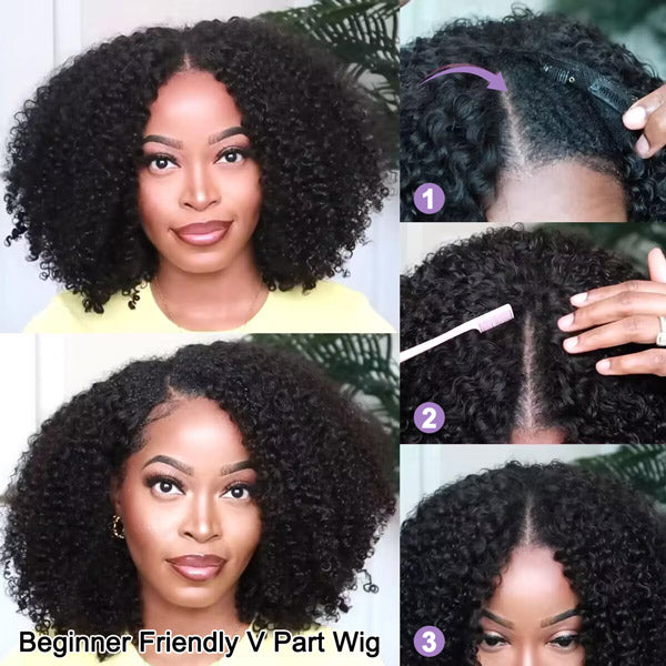 Kinky Curly V Part Wig No Leave Out Thin Part Glueless Wigs Human Hair Wig
