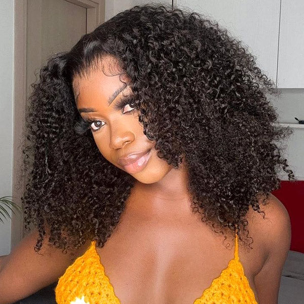 Kinky Curly Pre-Bleached Knots Elastic Drawstring Wear Go Wigs 7x5 HD Lace 100% Glueless Pre-cut Lace Closure Wigs