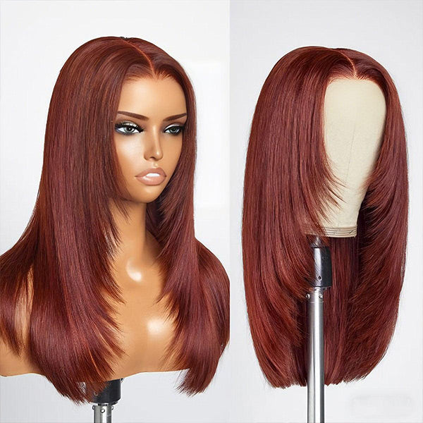 Reddish Brown Color Layered Cut Silk Straight Glueless Wig Pre Cut 7x5 Lace Wear Go Wig
