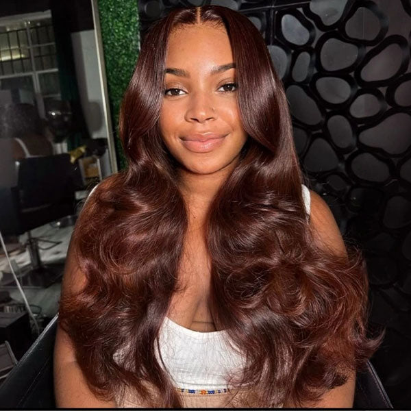 Trendy Layered Cut Loose Wave Wig Dark Brown / Burgundy Color Pull Go Glueless Wig