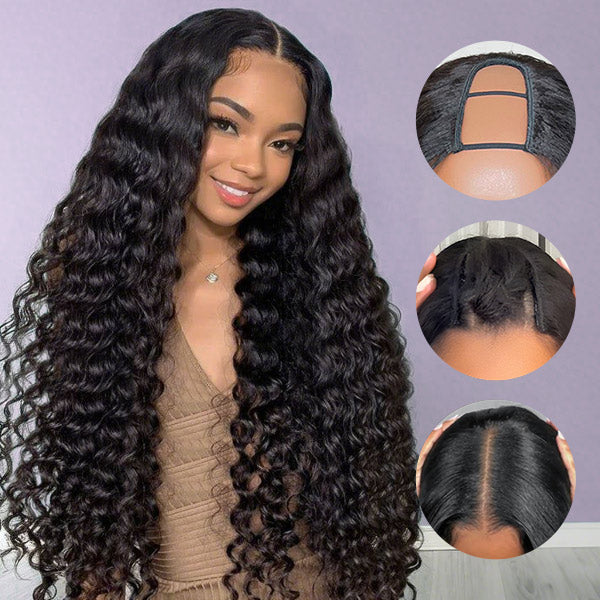 Glueless Deep Wave U Part Wig Human Hair Real Scalp Elastic Drawstring Natural Blend Wear Go Wig
