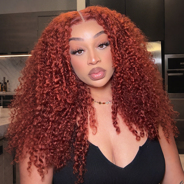 Kinky Curly Wig Auburn Brown Pre-cut 7x5 Lace Wear Go Glueless Wig