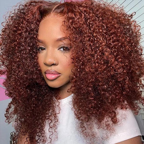 Kinky Curly Wig Auburn Brown Pre-cut 7x5 Lace Wear Go Glueless Wig