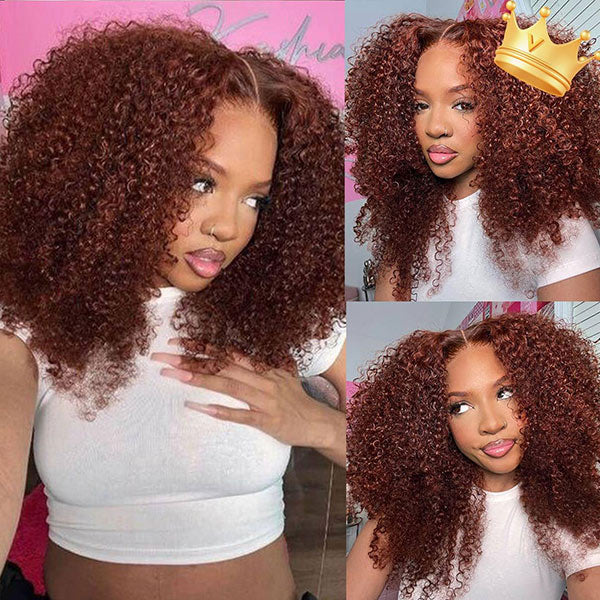 Kinky Curly Wig Auburn Brown Pre-cut 7x5 Lace Wear Go Glueless Wig