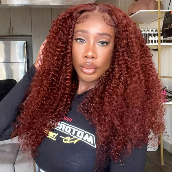 Kinky Curly Wig Auburn Brown Pre-cut 7x5 Lace Wear Go Glueless Wig