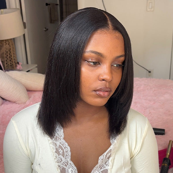 Yaki Straight Layered Bob Bleached Knots Wear Go Glueless Wig Pre-Cut 9x6 T Part Lace With Drawstring Cap