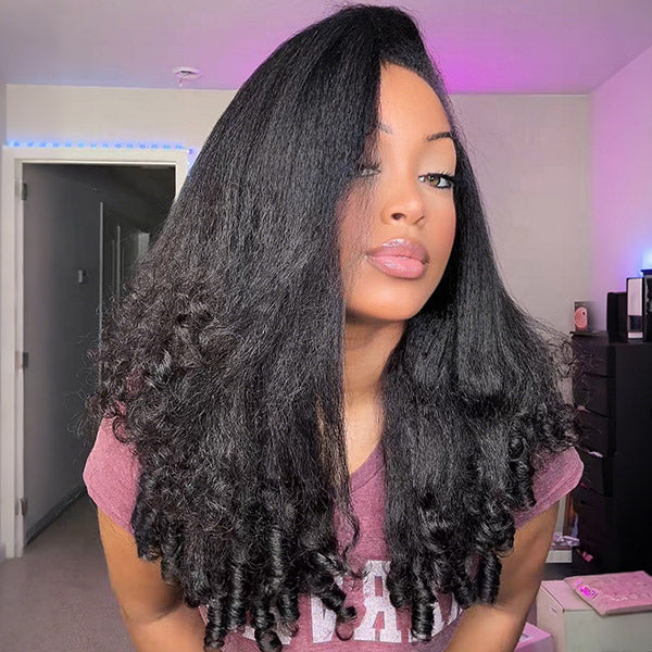 3 In 1 Half Wig | Glueless Kinky Straight Burmese Curly Elastic Drawstring Wear Go Half Wig With Yaki Spiral Curls