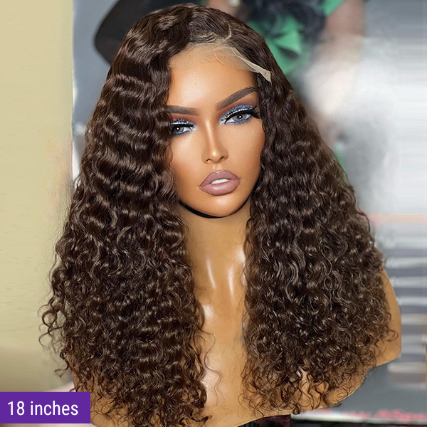 Brown Water Wave 5x5 Closure Lace Glueless Mid Part Long Wig 100% Human Hair