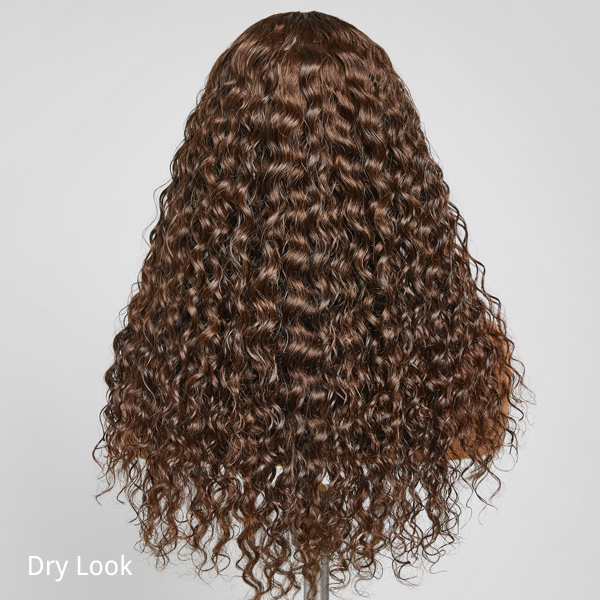 Brown Water Wave 5x5 Closure Lace Glueless Mid Part Long Wig 100% Human Hair