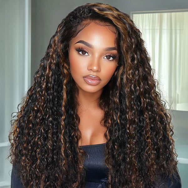 3 In 1 Half Wig | Water Wave Glueless Black Wig With Golden Brown Highlight Wear Go Half Wig