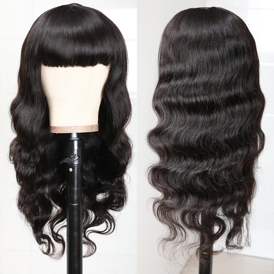 Natural Look Glueless Body Wave Wig With Bangs  Everyday Wear  100% Human Hair Wig