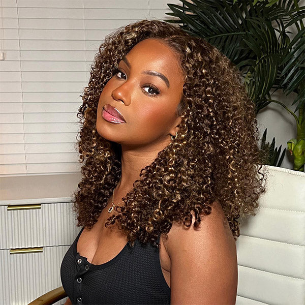 4/27 Highlight Color Wear Go Glueless Wigs Pre Cut 7x5 Lace Kinky Curly Hair Short Bob Wigs