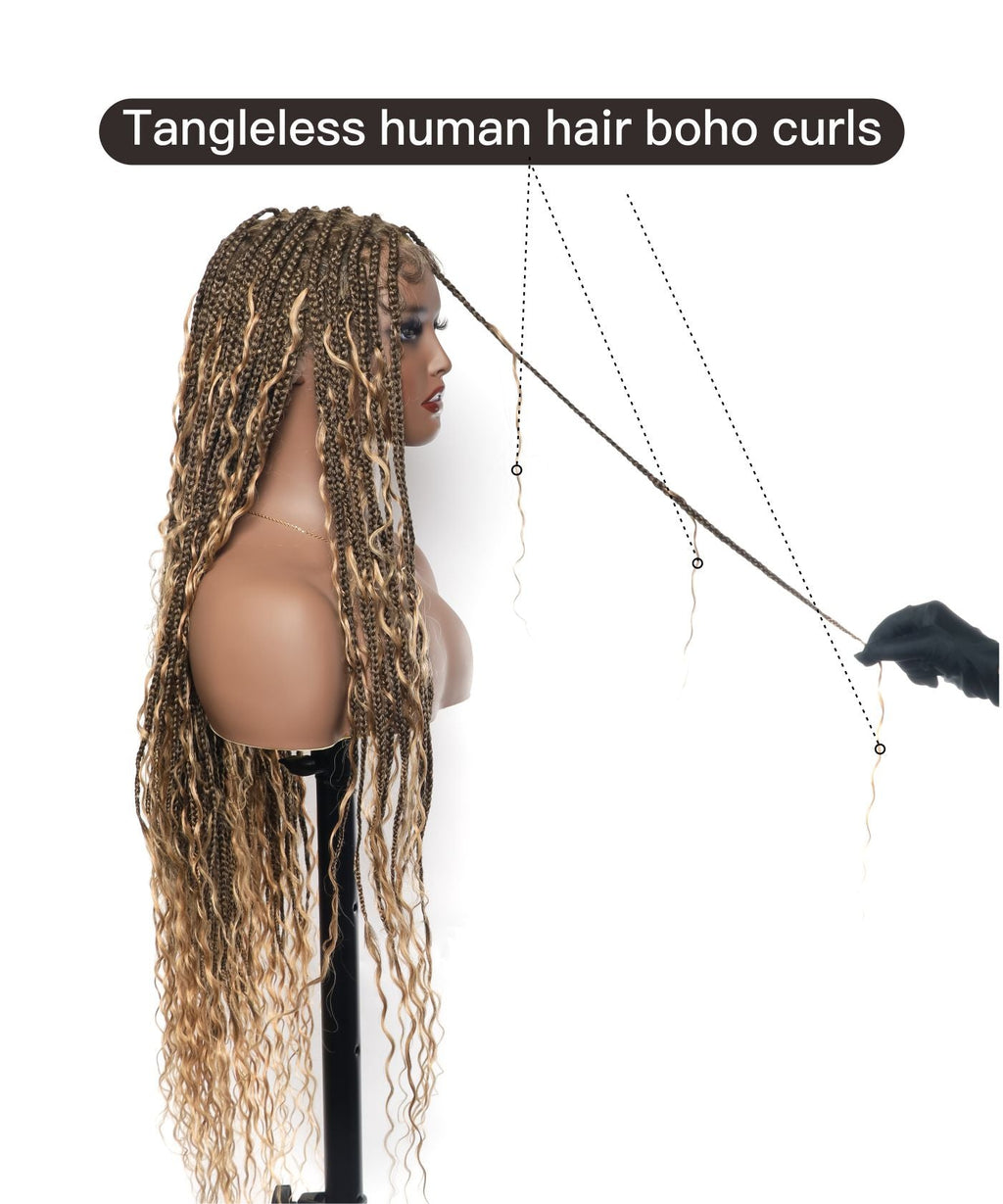 HD Full Lace Human Hair Boho Curls 36" Knotless Boho Box Braided Wig