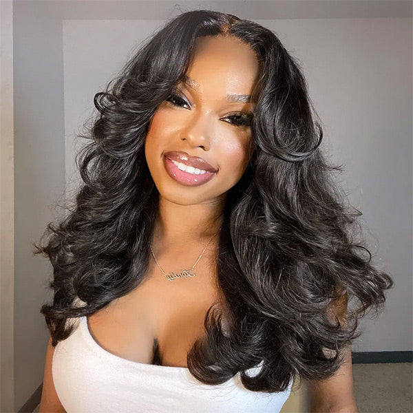 Trendy Layered Cut Loose Wave Wig Dark Brown / Burgundy Color Pull Go Glueless Wig