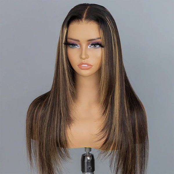 Layered Cut Straight Brown Highlight Ombre Pre-cut Lace Wear Go Glueless Wig